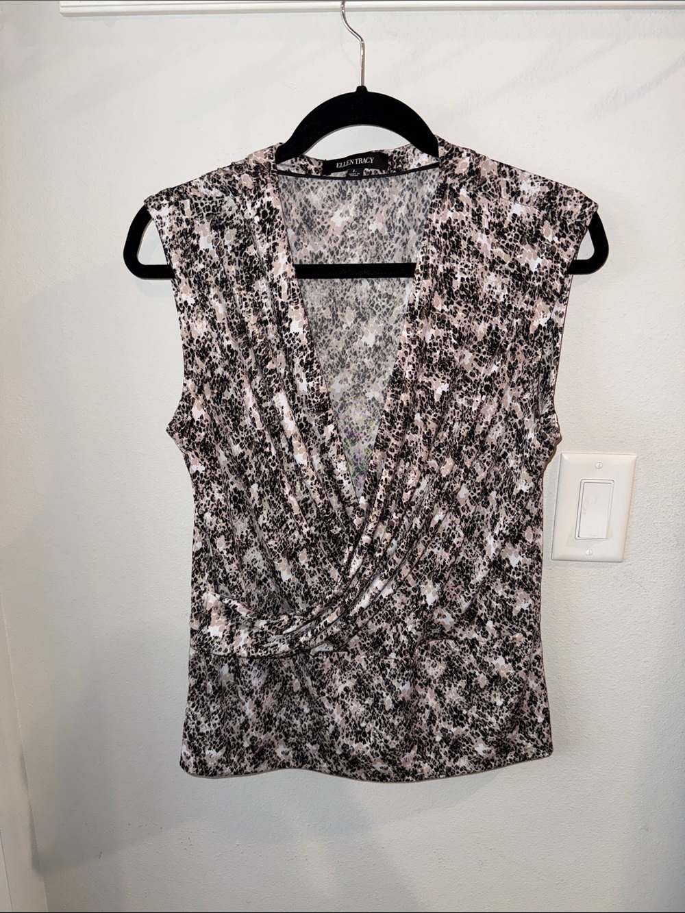 Ellen Tracy Black, Beige and White Printed Draped Faux-Wrap Camisole